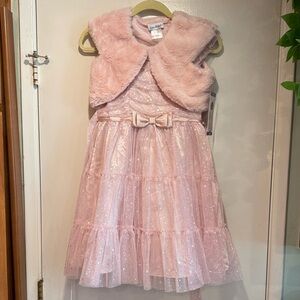 Jona Michelle Pink Glitter/Star Formal Dress with Bow and Fur Jacket -10 NWT